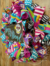 Load image into Gallery viewer, Day of the Dead Wreath – Sugar Skull Halloween Decor, Dia de los Muertos Front Door Decoration
