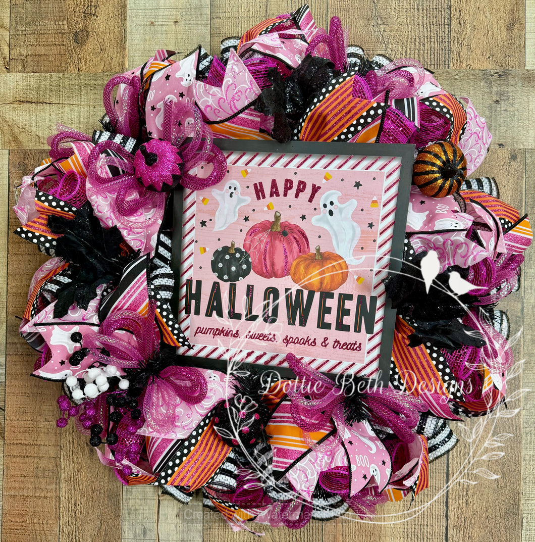 Pink Halloween Wreath – Ghosts, Pumpkins & Ribbon Front Door Décor