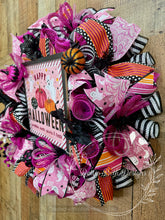 Load image into Gallery viewer, Pink Halloween Wreath – Ghosts, Pumpkins &amp; Ribbon Front Door Décor
