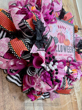Load image into Gallery viewer, Pink Halloween Wreath – Ghosts, Pumpkins &amp; Ribbon Front Door Décor
