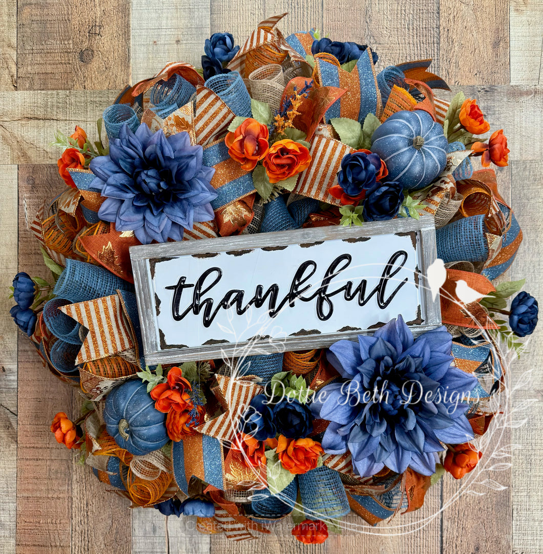 Thankful Fall Wreath with Blue Pumpkins, Navy and Rust Orange Flowers, Rustic Thanksgiving Door Decor