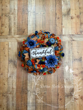 Load image into Gallery viewer, Thankful Fall Wreath with Blue Pumpkins, Navy and Rust Orange Flowers, Rustic Thanksgiving Door Decor
