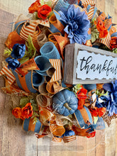 Load image into Gallery viewer, Thankful Fall Wreath with Blue Pumpkins, Navy and Rust Orange Flowers, Rustic Thanksgiving Door Decor
