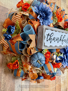 Thankful Fall Wreath with Blue Pumpkins, Navy and Rust Orange Flowers, Rustic Thanksgiving Door Decor