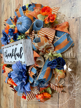 Load image into Gallery viewer, Thankful Fall Wreath with Blue Pumpkins, Navy and Rust Orange Flowers, Rustic Thanksgiving Door Decor
