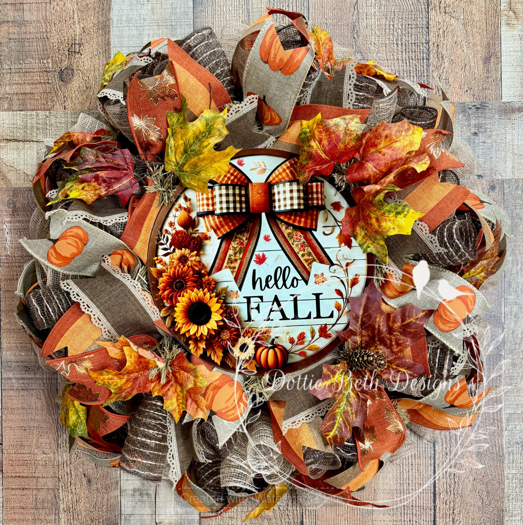 Hello Fall Sunflower & Pumpkin Deco Mesh Wreath