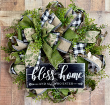 Load image into Gallery viewer, Bless This Home Wreath – Farmhouse Greenery &amp; Black Buffalo Check Door Decor
