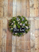 Load image into Gallery viewer, Bless This Home Wreath – Farmhouse Greenery &amp; Black Buffalo Check Door Decor
