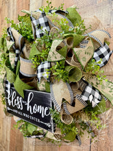 Load image into Gallery viewer, Bless This Home Wreath – Farmhouse Greenery &amp; Black Buffalo Check Door Decor
