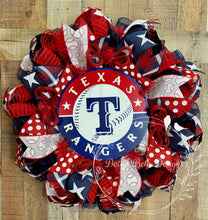 Load image into Gallery viewer, Texas Rangers Baseball Wreath – Red, White &amp; Blue Sports Front Door Decor

