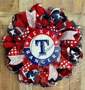 Texas Rangers Baseball Wreath – Red, White & Blue Sports Front Door Decor