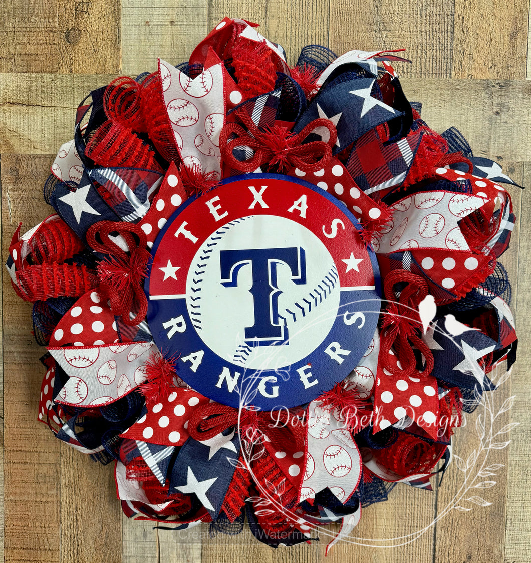 Texas Rangers Baseball Wreath – Red, White & Blue Sports Front Door Decor