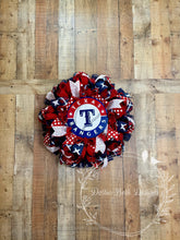 Load image into Gallery viewer, Texas Rangers Baseball Wreath – Red, White &amp; Blue Sports Front Door Decor

