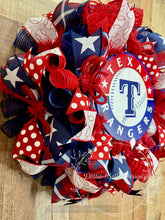 Load image into Gallery viewer, Texas Rangers Baseball Wreath – Red, White &amp; Blue Sports Front Door Decor
