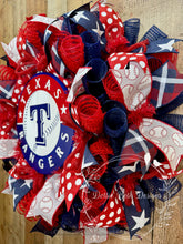 Load image into Gallery viewer, Texas Rangers Baseball Wreath – Red, White &amp; Blue Sports Front Door Decor
