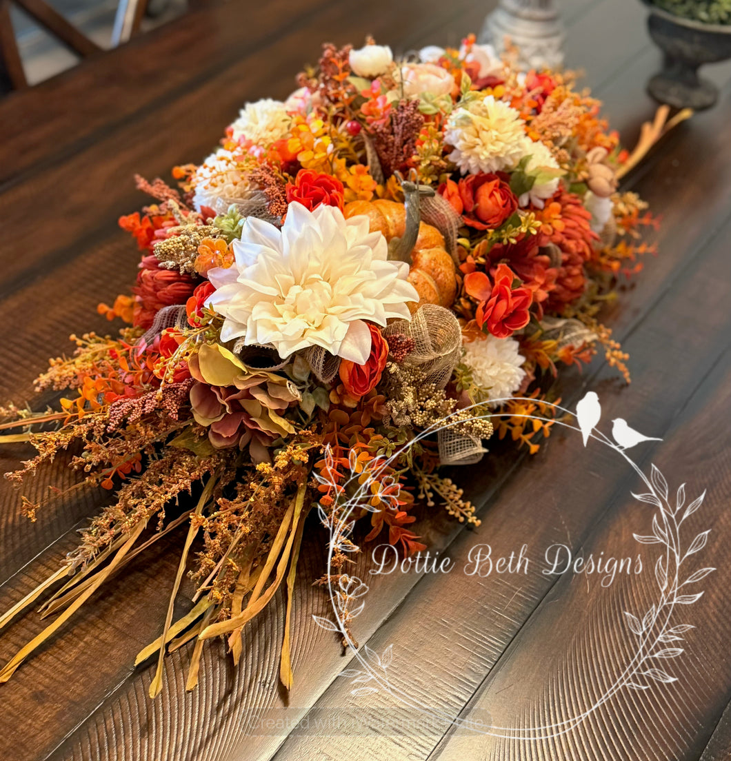 32” Pumpkin Fall Centerpiece with Cream and Orange Flowers – Thanksgiving Floral Arrangement