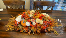 Load image into Gallery viewer, 32” Pumpkin Fall Centerpiece with Cream and Orange Flowers – Thanksgiving Floral Arrangement
