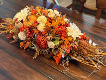 Load image into Gallery viewer, 32” Pumpkin Fall Centerpiece with Cream and Orange Flowers – Thanksgiving Floral Arrangement
