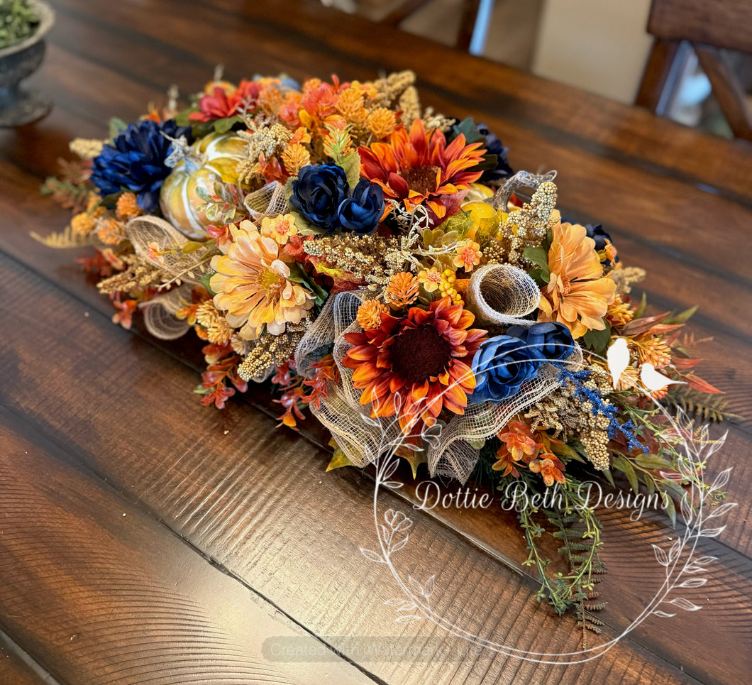 28” Fall Table Centerpiece with Sunflowers and Navy Accents – Autumn Floral Arrangement