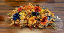 Load image into Gallery viewer, 28” Fall Table Centerpiece with Sunflowers and Navy Accents – Autumn Floral Arrangement
