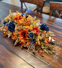 Load image into Gallery viewer, 28” Fall Table Centerpiece with Sunflowers and Navy Accents – Autumn Floral Arrangement
