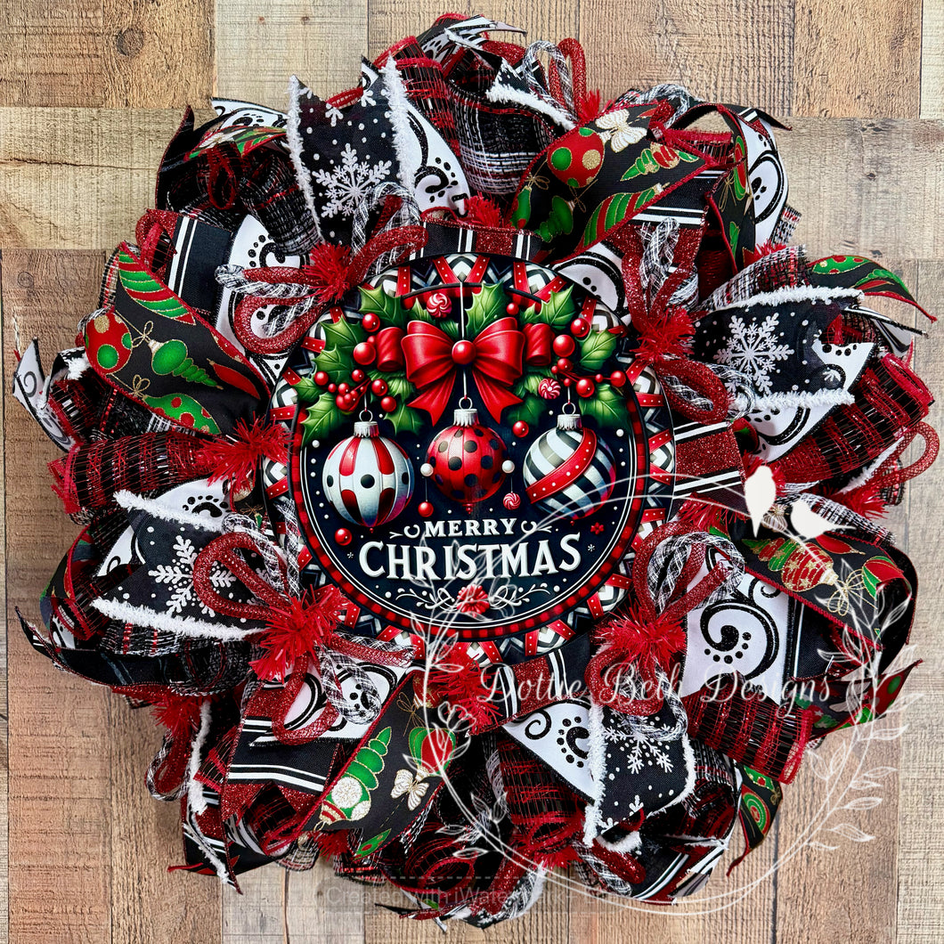 Merry Christmas - Red, Black, and White Christmas Ornament Wreath – Holiday Front Door Decoration