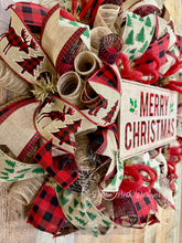 Load image into Gallery viewer, Merry Christmas Buffalo Plaid Wreath – Rustic Farmhouse Holiday Door Decor

