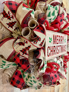 Merry Christmas Buffalo Plaid Wreath – Rustic Farmhouse Holiday Door Decor
