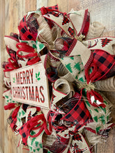 Load image into Gallery viewer, Merry Christmas Buffalo Plaid Wreath – Rustic Farmhouse Holiday Door Decor
