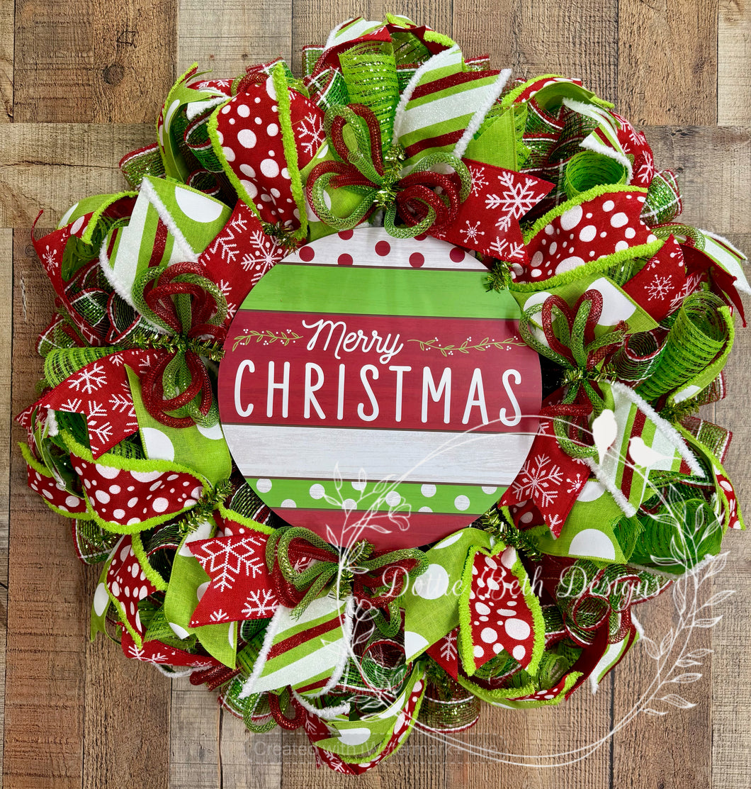 Merry Christmas Deco Mesh Wreath with Red, Green, and White Ribbons