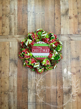 Load image into Gallery viewer, Merry Christmas Deco Mesh Wreath with Red, Green, and White Ribbons
