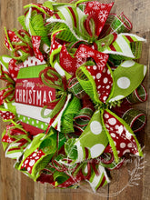 Load image into Gallery viewer, Merry Christmas Deco Mesh Wreath with Red, Green, and White Ribbons
