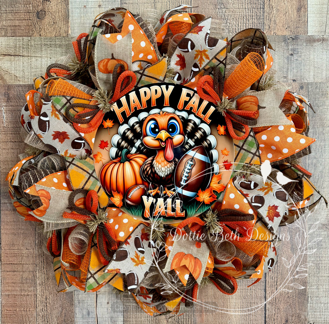Happy Fall Y’all Turkey Wreath – Football & Pumpkin Deco Mesh Door Décor