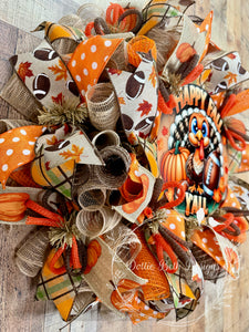 Happy Fall Y’all Turkey Wreath – Football & Pumpkin Deco Mesh Door Décor