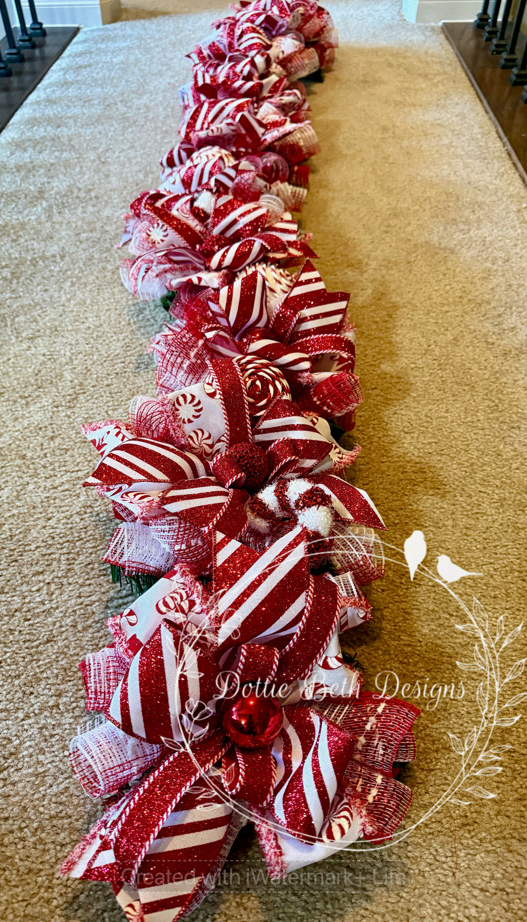 Peppermint Candy Cane Christmas Garland – Red and White Mesh and Ribbon Centerpiece