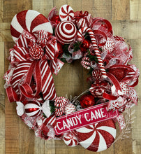 Load image into Gallery viewer, Candy Cane Peppermint Swirl Christmas Wreath – Red and White Holiday Door Decor – 28 Inch
