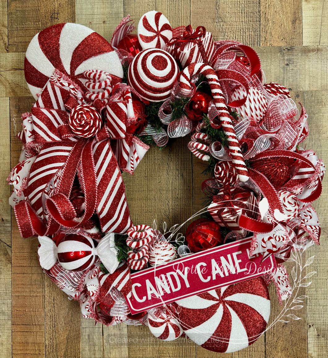 Candy Cane Peppermint Swirl Christmas Wreath – Red and White Holiday Door Decor – 28 Inch