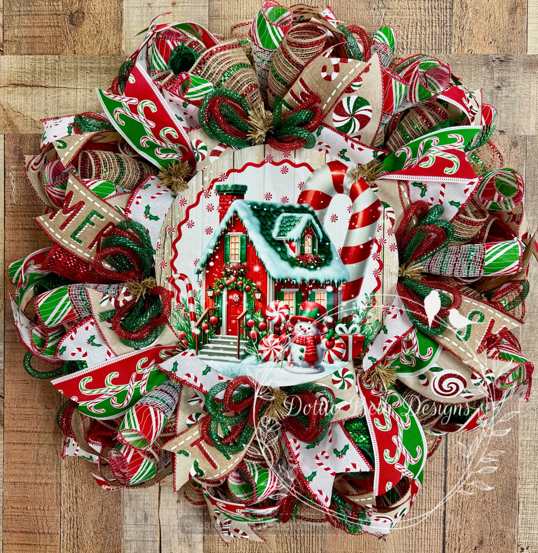 Gingerbread Peppermint House Wreath – Red, Green & White Christmas Wreath