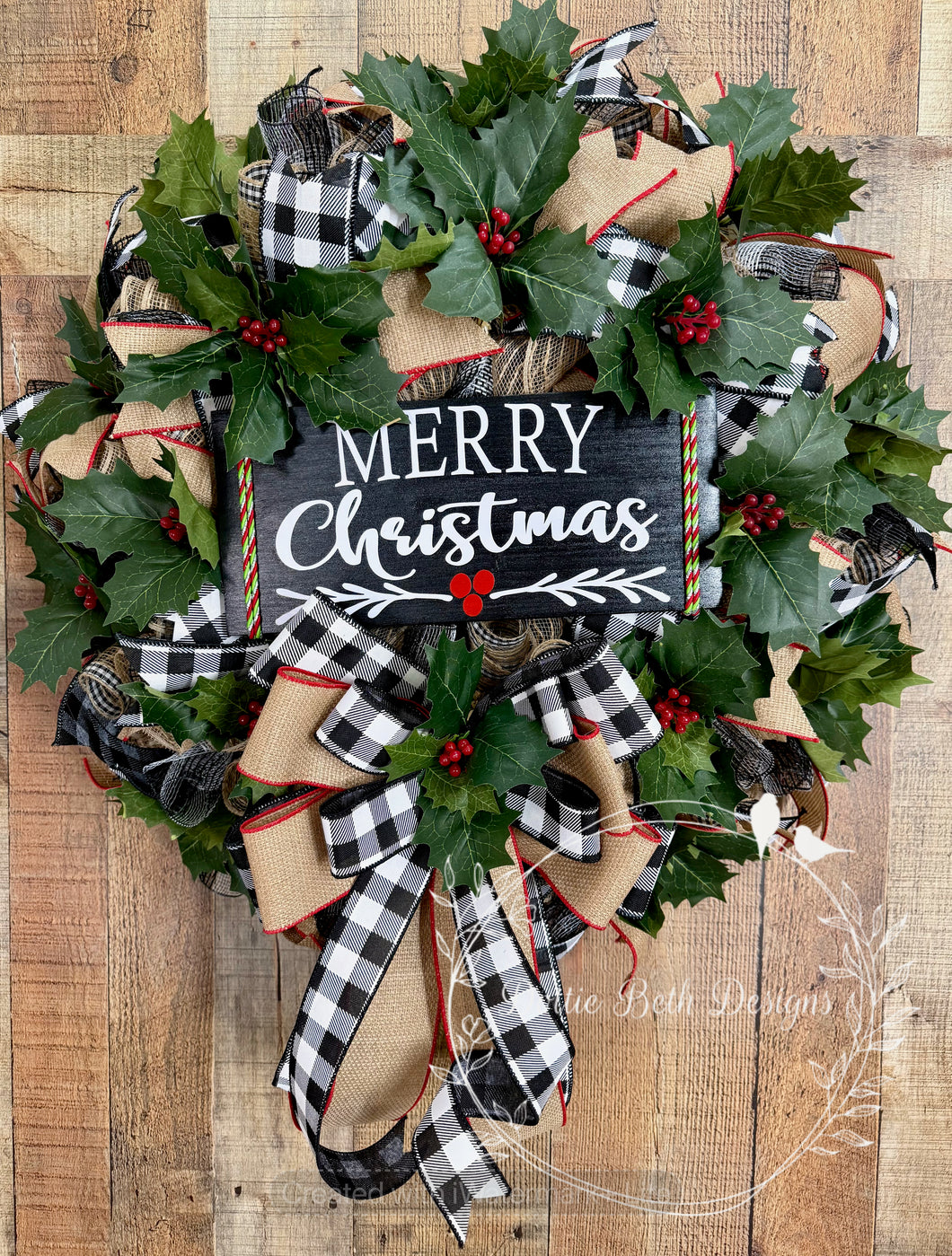 Merry Christmas Holly & Buffalo Check Wreath – Classic Christmas Front Door Decor