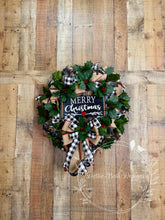 Load image into Gallery viewer, Merry Christmas Holly &amp; Buffalo Check Wreath – Classic Christmas Front Door Decor
