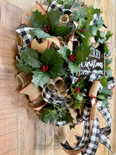 Load image into Gallery viewer, Merry Christmas Holly &amp; Buffalo Check Wreath – Classic Christmas Front Door Decor

