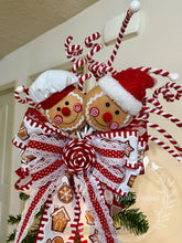 Load image into Gallery viewer, Gingerbread Christmas Tree Topper with Red and White Designer Ribbons
