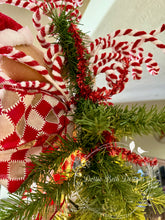 Load image into Gallery viewer, Gingerbread Christmas Tree Topper with Red and White Designer Ribbons
