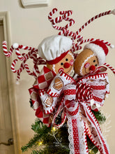 Load image into Gallery viewer, Gingerbread Christmas Tree Topper with Red and White Designer Ribbons
