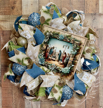 Load image into Gallery viewer, Nativity Christmas Wreath with Blue, Green, and Gold Accents
