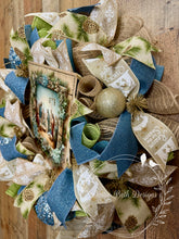 Load image into Gallery viewer, Nativity Christmas Wreath with Blue, Green, and Gold Accents
