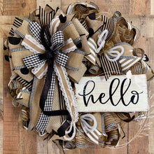 Load image into Gallery viewer, Neutral Farmhouse Hello Wreath with Black &amp; White Ribbon – Rustic Front Door Decor

