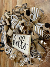 Load image into Gallery viewer, Neutral Farmhouse Hello Wreath with Black &amp; White Ribbon – Rustic Front Door Decor
