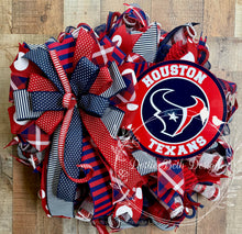 Load image into Gallery viewer, Houston Texans Deco Mesh Wreath with Red Navy White Ribbon – Front Door Football Wreath
