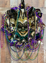 Load image into Gallery viewer, Mardi Gras Jester Mask Wreath with Beads – Purple Green Gold Front Door Decor
